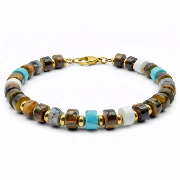 Bracelet acier - PVD Doré -œil de tigre, howlite verte et blanche, jaspe gris - disque 6x3mm - 18+5cm