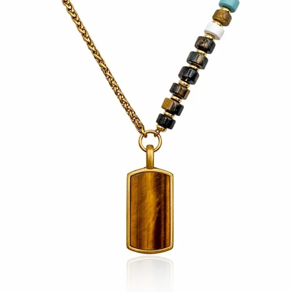 Collier acier - PVD doré - œil de tigre, howlite verte et blanche, jaspe gris - disque 6x3mm - pendentif 20x12x3mm - 45+10cm