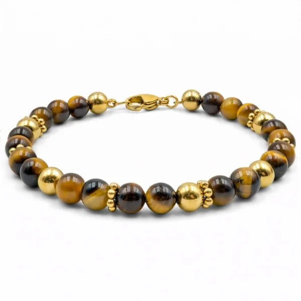 Bracelet acier - PVD doré - œil de tigre - billes 6mm - 18+5cm