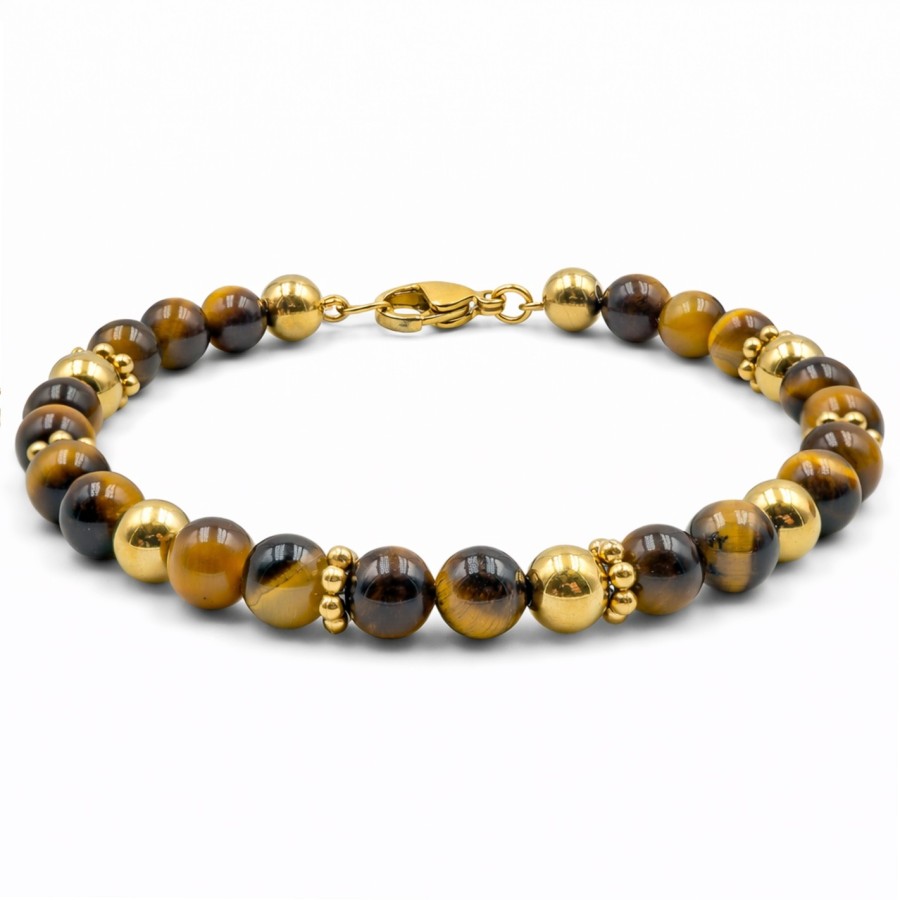Bracelet acier - PVD doré - œil de tigre - billes 6mm - 18+5cm