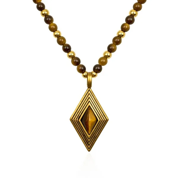 Collier acier - PVD doré - œil de tigre - billes 4mm - pendentif 16x25x5mm - 45+10cm