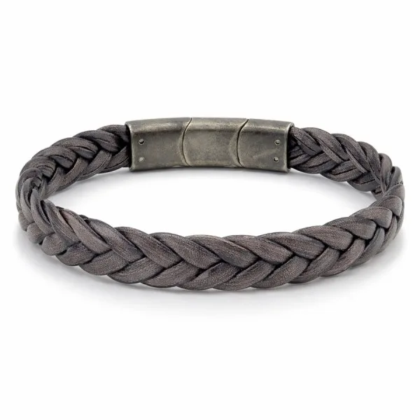 Bracelet en acier effet vintage - cuir véritable tressé gris largeur 11.5mm - 19,5+1,5cm
