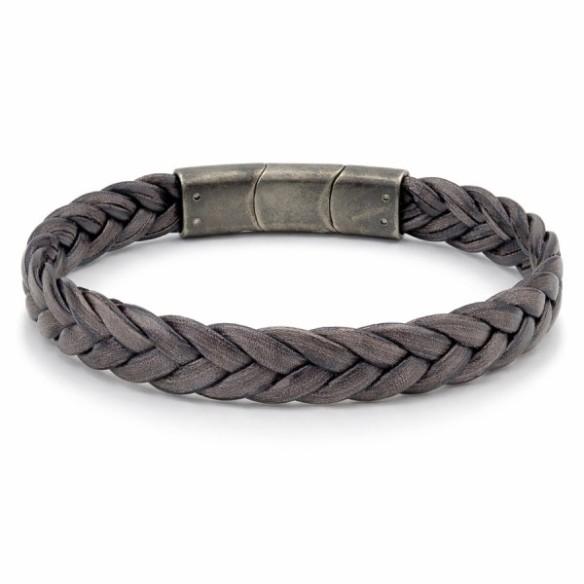 Bracelet en acier effet vintage - cuir véritable tressé gris largeur 11.5mm - 19,5+1,5cm