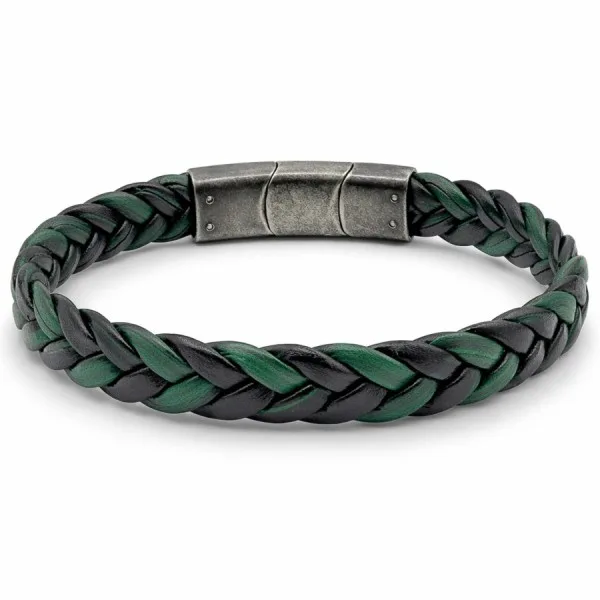 Bracelet en acier effet vintage - cuir véritable tressé vert largeur 11.5mm - 19,5+1,5cm