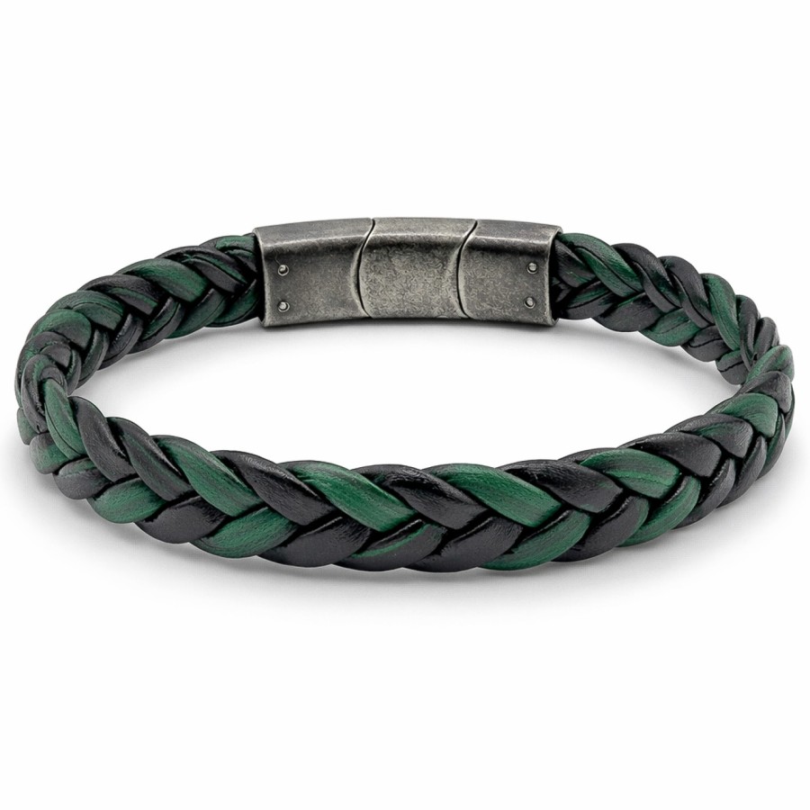 Bracelet en acier effet vintage - cuir véritable tressé vert largeur 11.5mm - 19,5+1,5cm