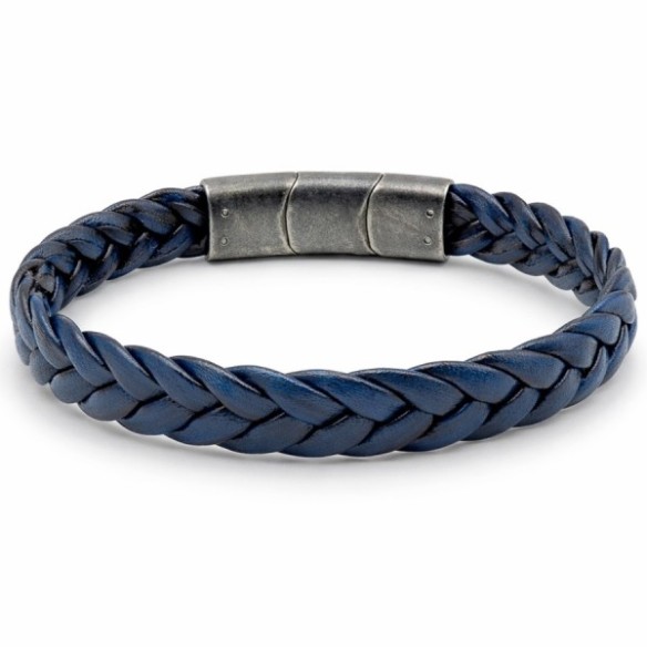 Bracelet en acier effet vintage - cuir véritable tressé bleu foncé largeur 11.5mm - 19,5+1,5cm