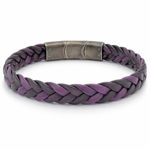 Bracelet en acier effet vintage - cuir véritable tressé violet largeur 11.5mm - 19,5+1,5cm