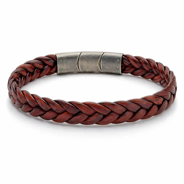 Bracelet en acier effet vintage - cuir véritable tressé rouge largeur 11.5mm - 19,5+1,5cm
