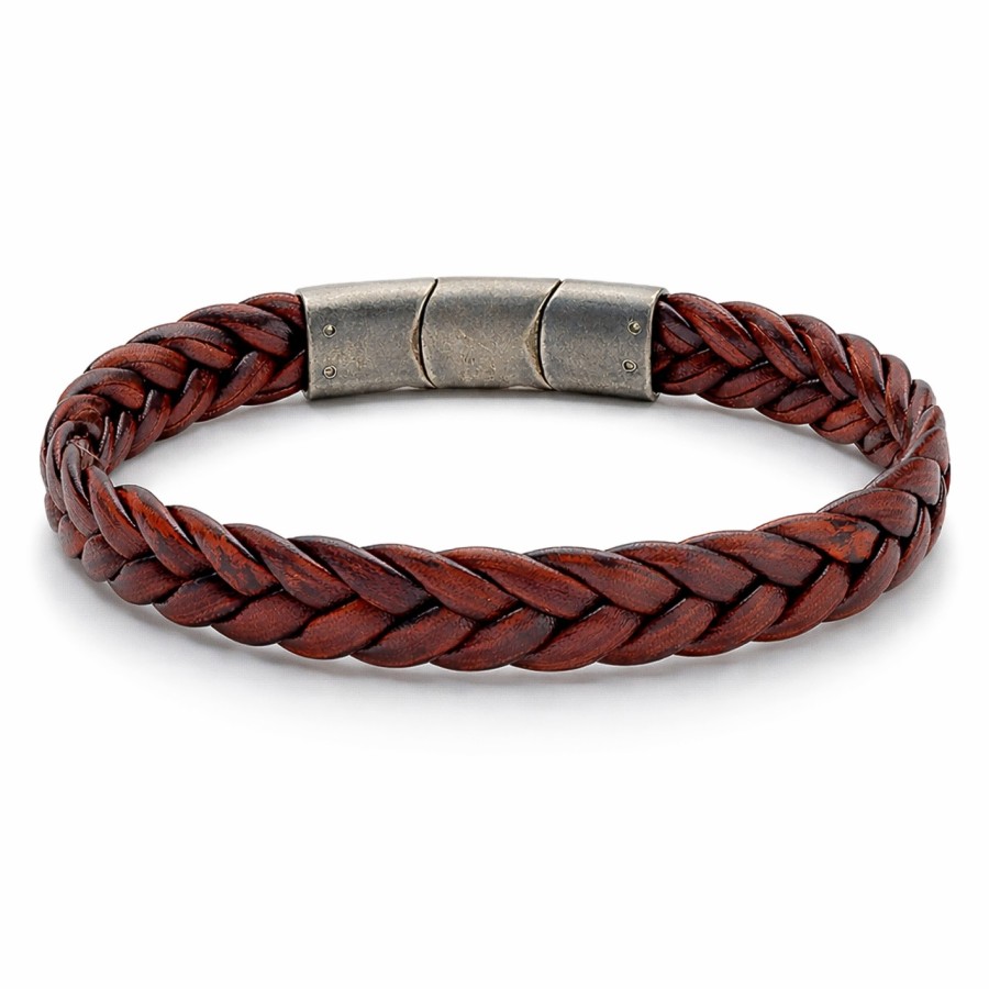 Bracelet en acier effet vintage - cuir véritable tressé rouge largeur 11.5mm - 19,5+1,5cm