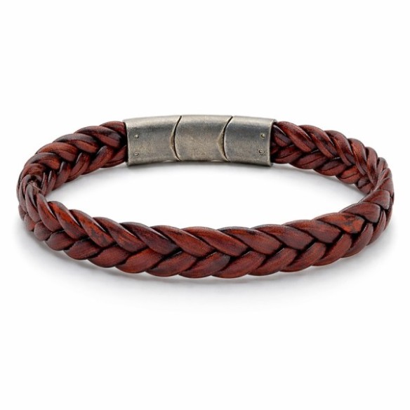 Bracelet en acier effet vintage - cuir véritable tressé rouge largeur 11.5mm - 19,5+1,5cm