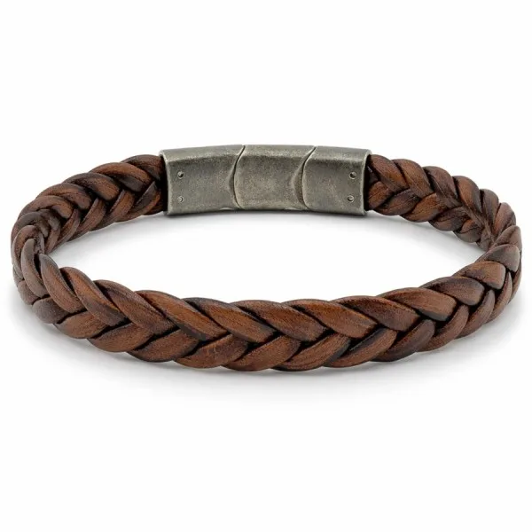 Bracelet en acier effet vintage - cuir véritable tressé marron foncé largeur 11.5mm - 19,5+1,5cm
