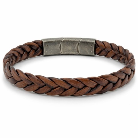 Bracelet en acier effet vintage - cuir véritable tressé marron foncé largeur 11.5mm - 19,5+1,5cm