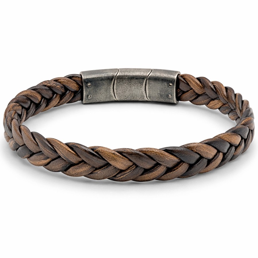 Bracelet en acier effet vintage - cuir véritable tressé café largeur 11.5mm - 19,5+1,5cm