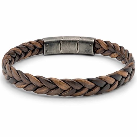 Bracelet en acier effet vintage - cuir véritable tressé café largeur 11.5mm - 19,5+1,5cm