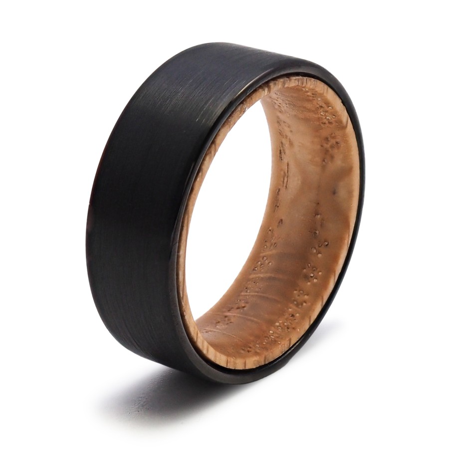 Bague tunsgtène - PVD noir - intérieur confort bois d'olivier - fin...
