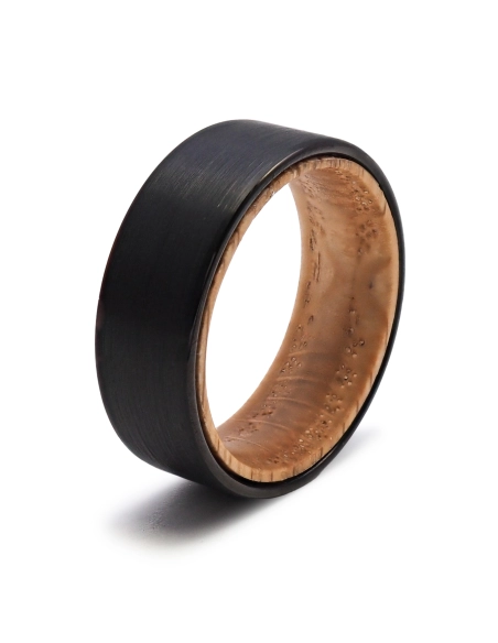 Bague tunsgtène - PVD noir - intérieur confort bois d'olivier - fin...
