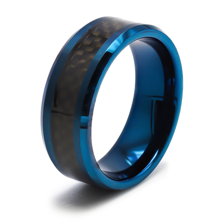 Bague tunsgtène - PVD bleu - intérieur confort - incrustation fibre...