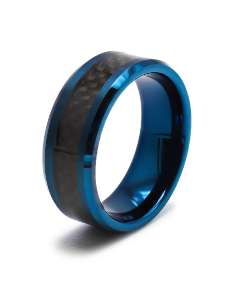 Bague tunsgtène - PVD bleu - intérieur confort - incrustation fibre...