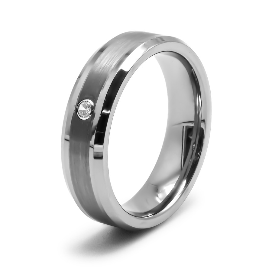 Bague tungstène - effet brossé - zircon - bord biseauté - largeur 6...