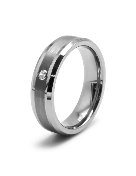 Bague tungstène - effet brossé - zircon - bord biseauté - largeur 6...