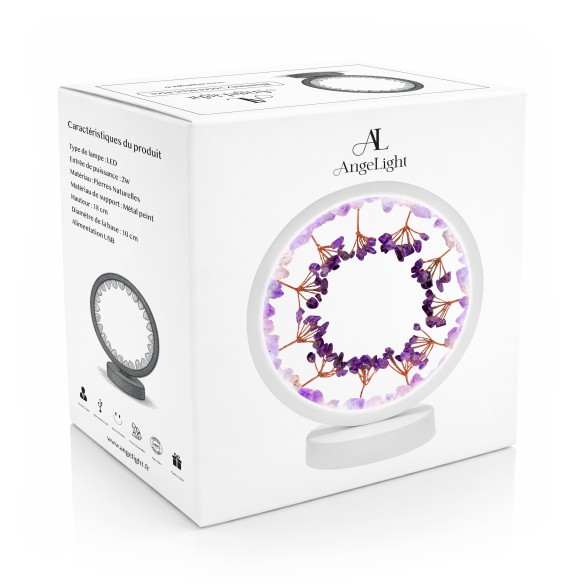 Lampe pierres naturelles Angelight - support blanc - Améthyste - arbre de vie - diamètre 18cm