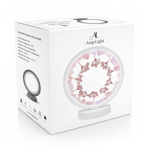Lampe pierres naturelles Angelight - support blanc - Quartz Rose - arbre de vie - diamètre 18cm