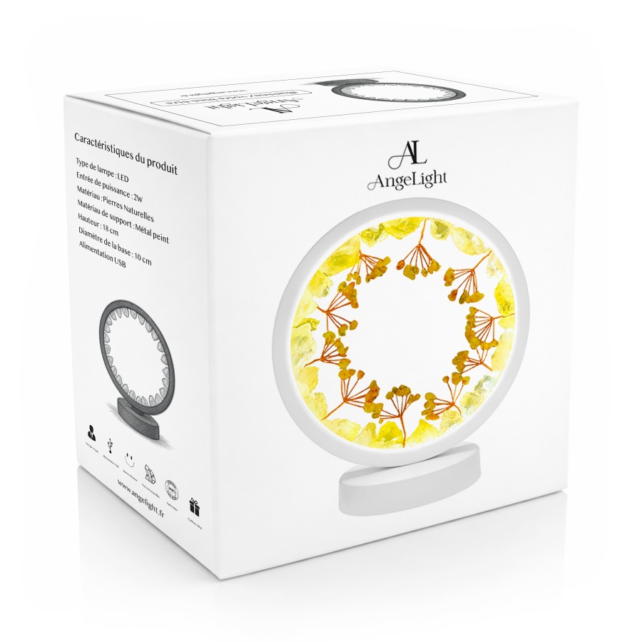 Lampe pierres naturelles Angelight - support blanc - Citrine - arbre de vie - diamètre 18cm
