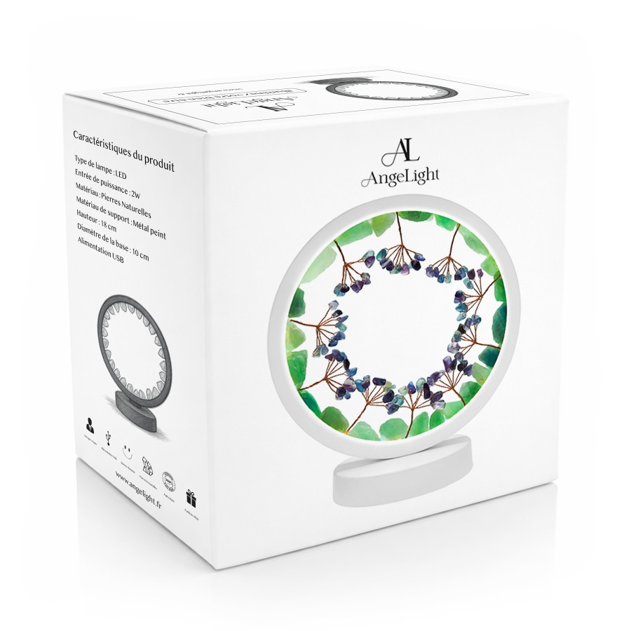 Lampe pierres naturelles Angelight - support blanc - Fluorine - arbre de vie - diamètre 18cm