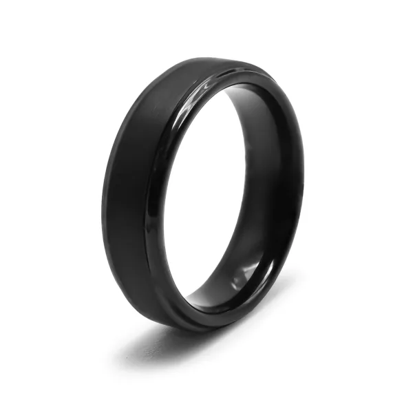 Bague Tungstène PVD noir - finition brossée - largeur 6mm - bords b...