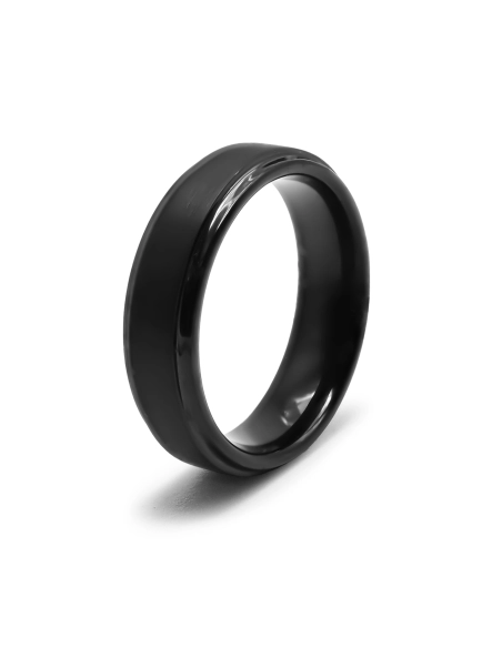 Bague Tungstène PVD noir - finition brossée - largeur 6mm - bords b...