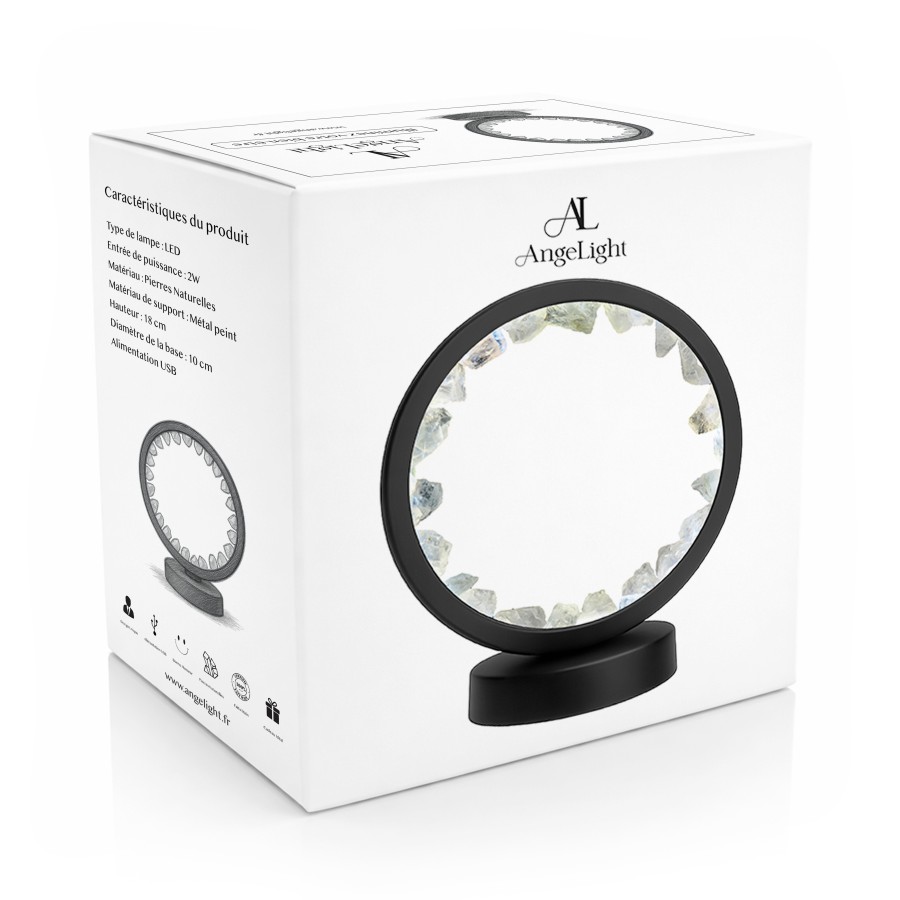 Lampe pierres naturelles Angelight - support noir - Cristal de roche - diamètre 18cm
