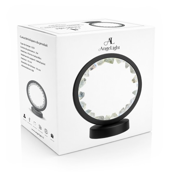 Lampe pierres naturelles Angelight - support noir - Cristal de roche - diamètre 18cm