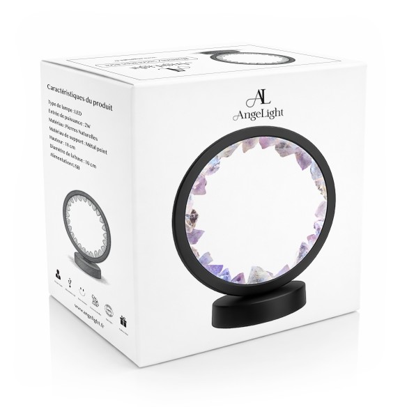 Lampe pierres naturelles Angelight - support noir - Améthyste brésilienne - diamètre 18cm