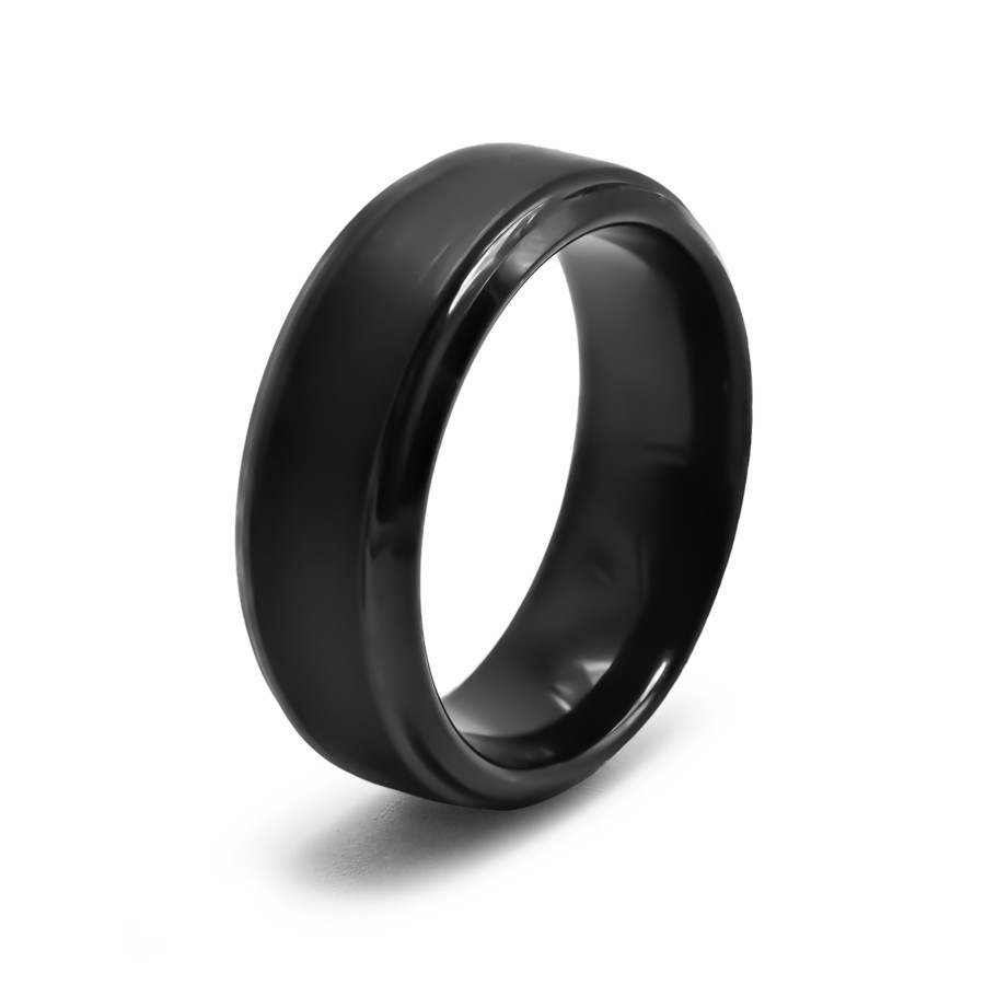Bague Tungstène PVD Bleu - finition brossée - largeur 8mm - bords b...