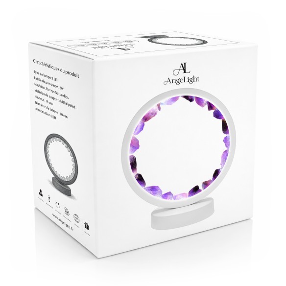 Lampe pierres naturelles Angelight - support blanc - Améthyste - diamètre 18cm
