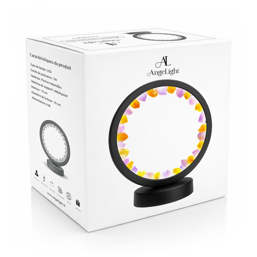 Lampe pierres naturelles Angelight - support noir - Améthyste brésilienne & citrine - diamètre 18cm