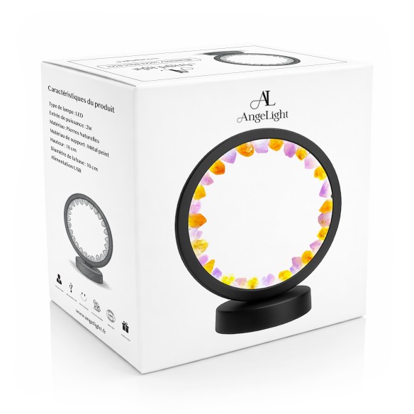 Lampe pierres naturelles Angelight - support noir - Améthyste brésilienne & citrine - diamètre 18cm