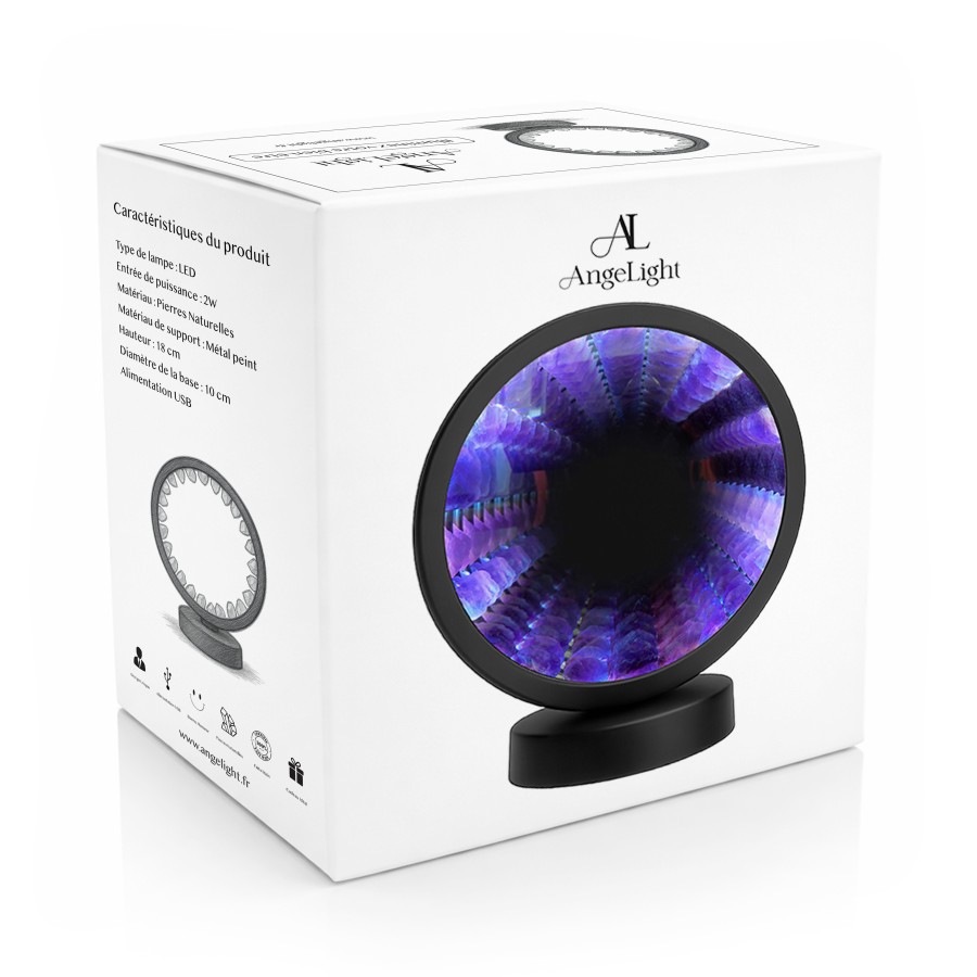 Lampe pierres naturelles Angelight - support noir - Améthyste - miroir plexiglass - diamètre 18cm