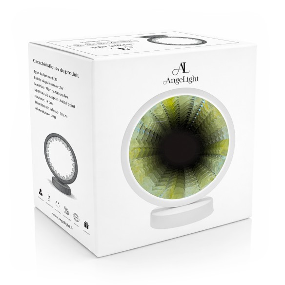 Lampe pierres naturelles Angelight - support blanc - Citrine - miroir plexiglass - diamètre 18cm