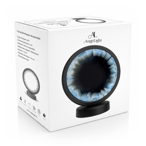 Lampe pierres naturelles Angelight - support noir - Cristal de roche - miroir plexiglass - diamètre 18cm