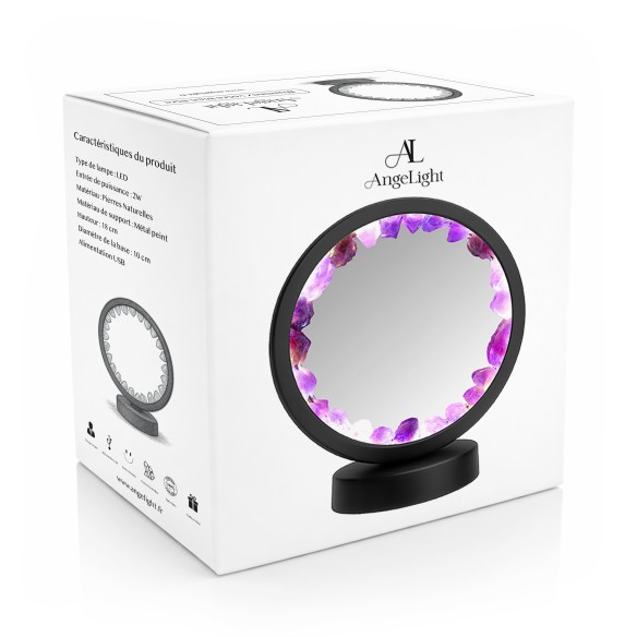 Lampe pierres naturelles Angelight - support noir - Améthyste - miroir plexiglass - diamètre 18cm