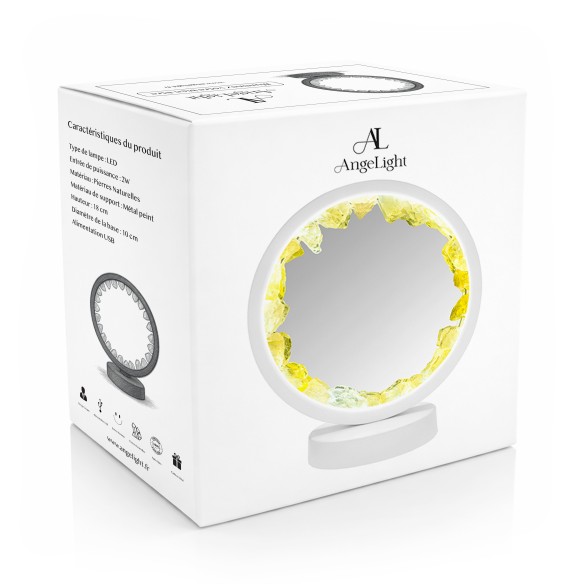 Lampe pierres naturelles Angelight - support blanc - Citrine - miroir plexiglass - diamètre 18cm