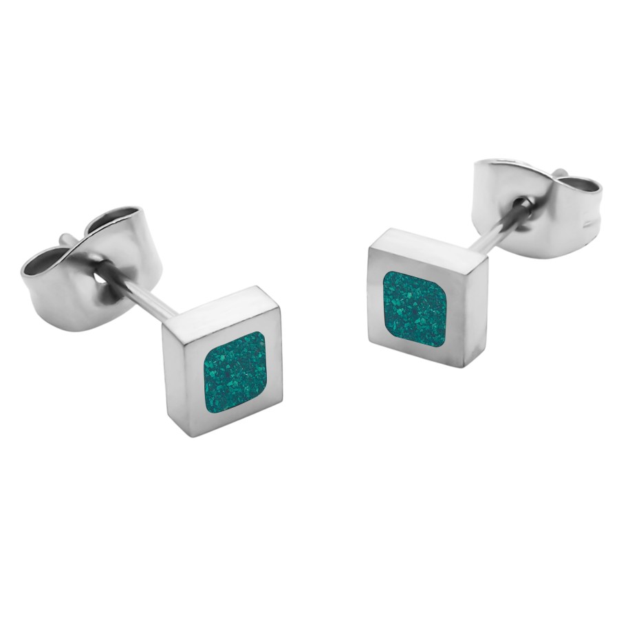 Boucles d'oreille acier carré - malachite incrustée - 5x5mm - épaisseur 3mm