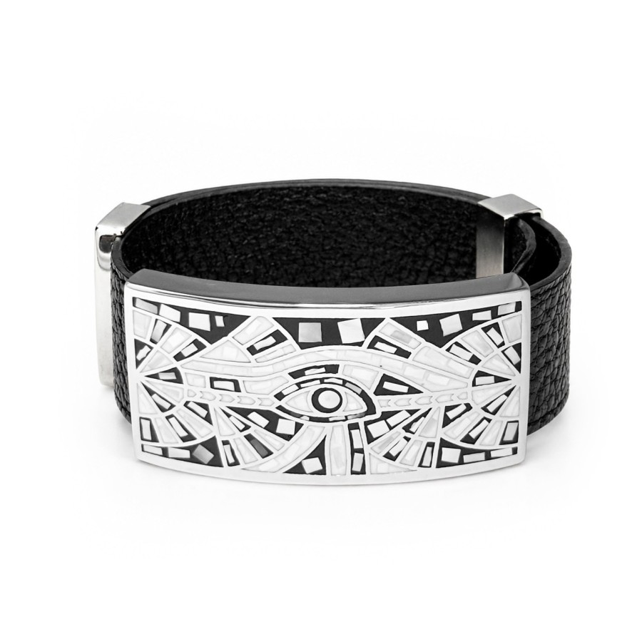Bracelet acier - émail - nacre - cuir noir - largeur 2 cm - réglable