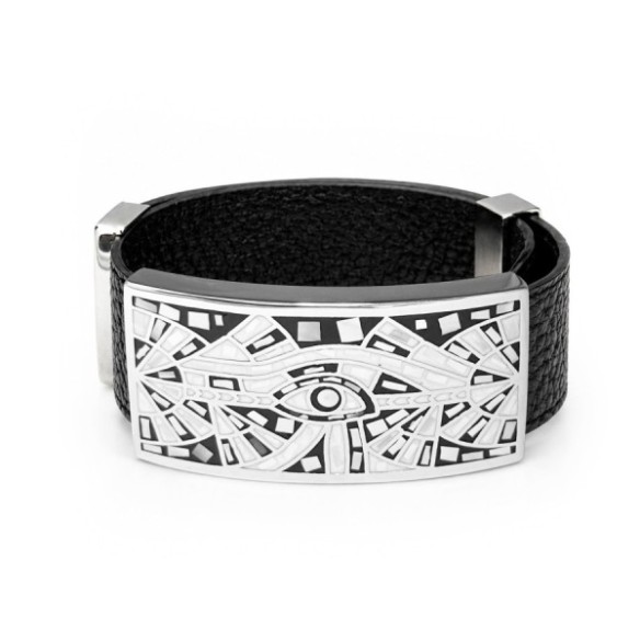 Bracelet acier - émail - nacre - cuir noir - largeur 2 cm - réglable