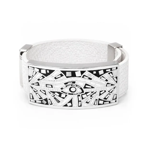 Bracelet acier - émail - nacre - cuir blanc - largeur 2 cm - réglable