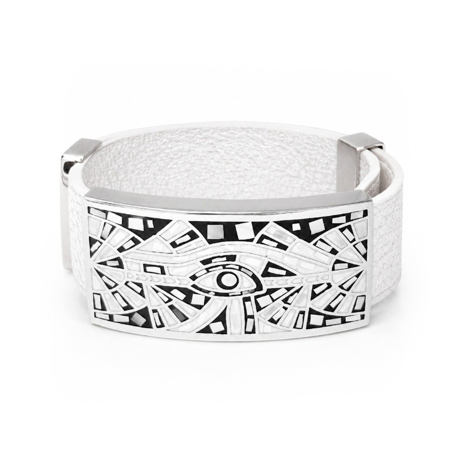 Bracelet acier - émail - nacre - cuir blanc - largeur 2 cm - réglable