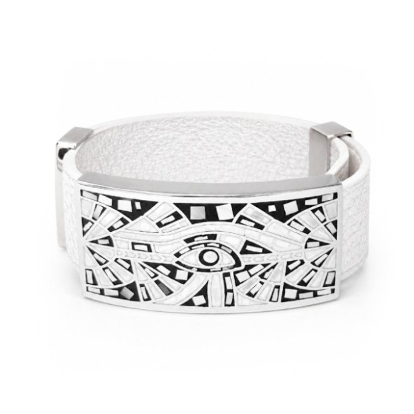 Bracelet acier - émail - nacre - cuir blanc - largeur 2 cm - réglable
