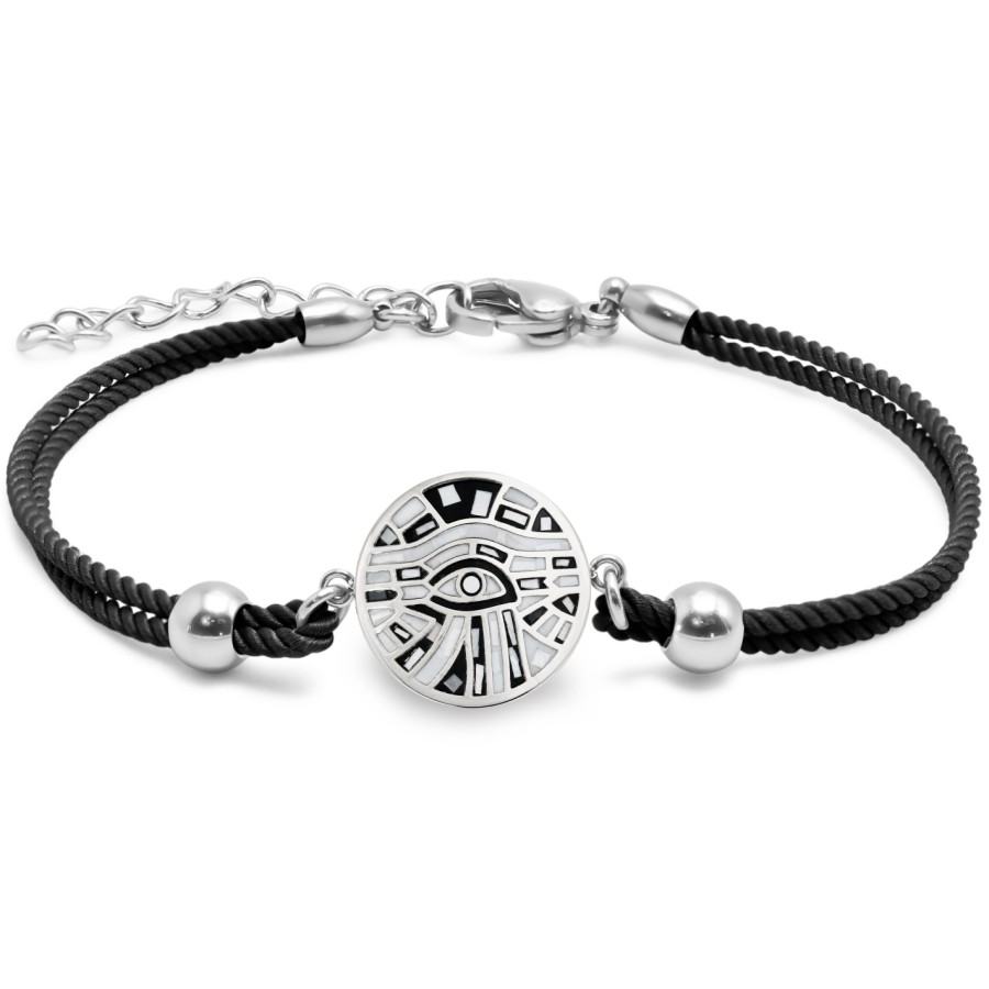 Bracelet en acier coton noir - émail et nacre - 15 + 5 cm