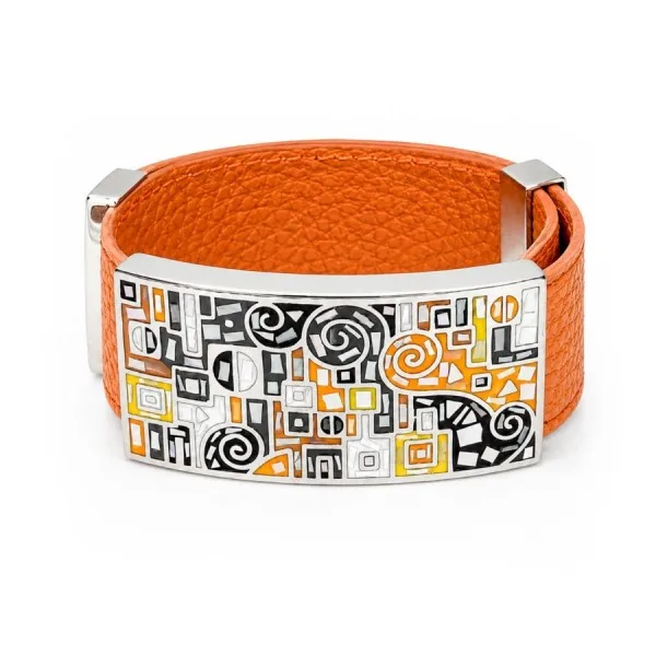 Bracelet acier - émail - nacre - cuir orange - largeur 2 cm - réglable